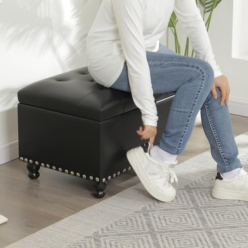 Adeco Storage Ottoman Bench, 23-Inch Upholstered Faux Leather Footrest Stool with Safety Hinge for Entryway & Bedroom, Rectangular Accent Furniture, Holds 350 lbs, Black