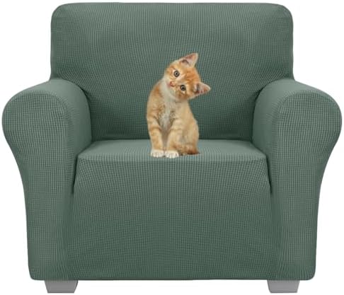JIVINER Super Stretch Chair Slipcovers with Arms 1-Piece Jacquard Small Checks Living Room Armchair Covers Soft Anti Slip Sofa Couch Furniture Protector for Kids Pets (Chair, Pea Green)