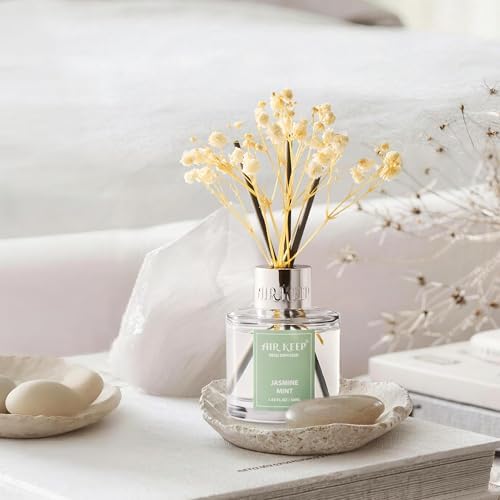 Airkeep Reed Diffuser Set,1.69 fl oz (50 ml) - Jasmine Mint Oil Diffusers with 8 Reed Sticks,Home Fragrance Reed Diffuser for Bathroom Shelf Decor