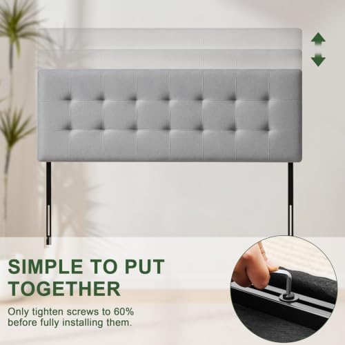 Linen Stitched Tufted King Headboard, Adjustable Height 37.2-42.3 in, Gray