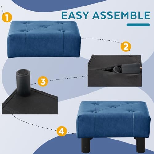 Small Foot Stool Ottoman, Faux Leather Footstool Ottoman Foot Rest for Couch, Rectangle Footstools and Ottomans Small for Living Room, Entryway and Bedroom (Blue)