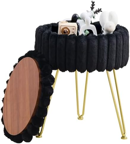 Wimarsbon Vanity Stool with Storage, Faux Fur Ottoman Chair with Metal Legs