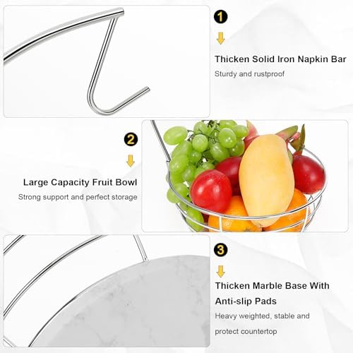Livabber Countertop Fruit Basket Bowl with Banana Hanger, Modern Standing Fruit Vegetable Bowl Storage, with Banana Tree Holder for Kitchen Dinning Table (Round Marble, Chrome)