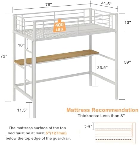 VECELO Loft Bed Twin Size with Desk, Metal Bedframe with Removable Ladder and Safety Guardrail, No Box Spring Needed, Space Saving, Noise Free, Natural White