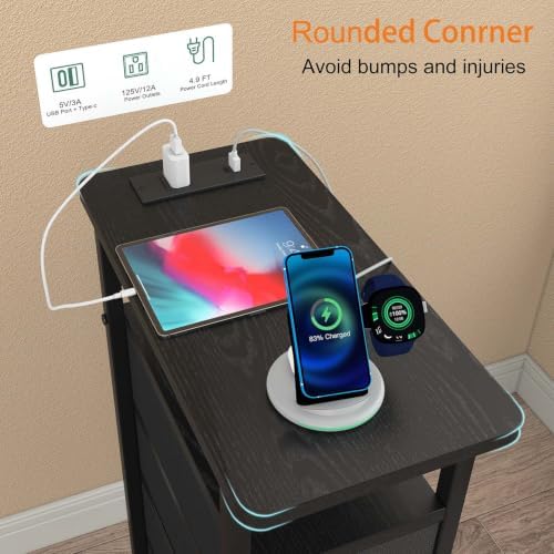 sthmec Side Table with Charging Station, Narrow End Table with 4 Drawers, Small Nightstands with Fabric Drawers,Slim Sofa Couch Side Tables for Small Spaces,Living Room,Bedroom, Black