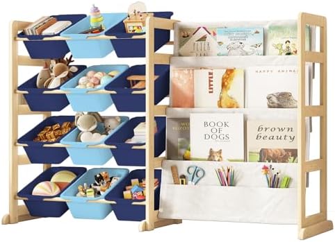 EXPERLAM Toy Storage Organizer with Bookshelf - 12 Storage Bins 4-Tier Multipurpose Shelf to Organize Toys and Books for Kids Room, Playroom, Nursery Room, Blue