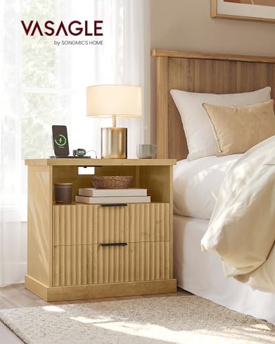 VASAGLE Nightstand with Charging Station, 2 Drawers, Open Shelf