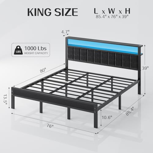 OLEVS King Bed Frame with Charging Station & LED Lights Modern Platform Bed