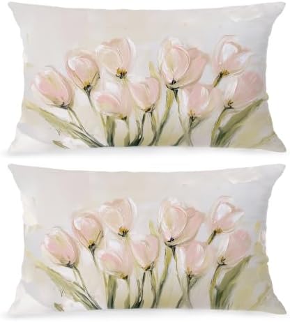 Funky White Tulip Floral Lumbar Pillow Covers 12x20, Set of 2