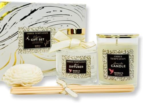 Moira's Bazaar Elysian Essence Aromatherapy Gift Set – Luxury Candle and Flower Reed Diffuser – Perfect Scented Gift for Thanksgiving & Christmas, Gifts for Women (Amber Temptation)