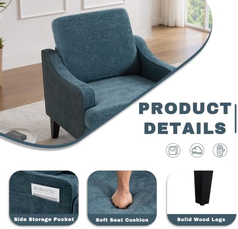 Set of 2 Accent Chair for Living Room,Mid-Century Arm Chair Chenille Fabric Living Room Chairs,Upholstered Reading Chair for Bedroom,Single Sofa Chair with Wood Legs for Apartment (Blue)
