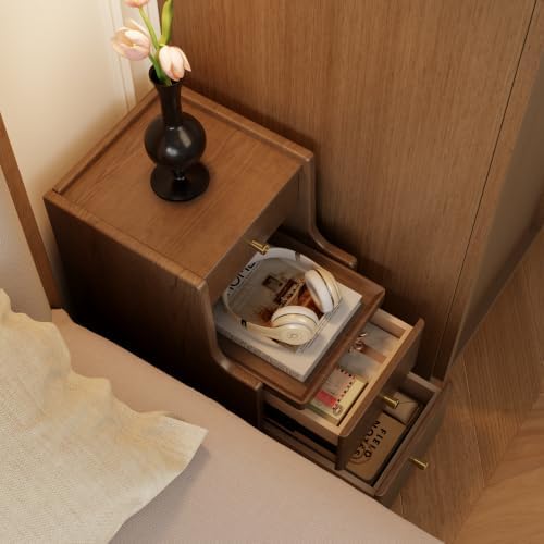 AQIMUELE Solid Wood Narrow Nightstand with 3 Drawers,Dark Brown 11.8"