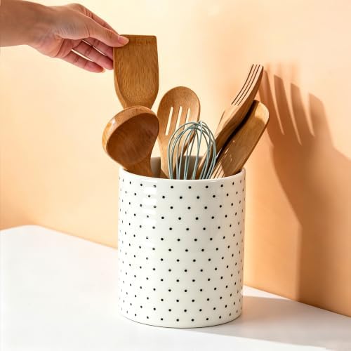 Kitchen Utensil Holder,7.2-inch Extra Large Ceramic Polka Dots Pattern Utensil Crock,Cooking Utensil Organizer for Kitchen Counter Decor,Storage Caddy Farmhouse Gift White