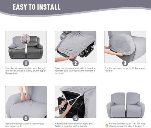 KinCam Recliner Covers, Stretch Reclining Chair Covers, Recliner Sofa Slipcovers Stripe Jacquard Recliner Couch Covers Furniture Protector Covers for Pet Kid (2 Seater, Silver Gray)