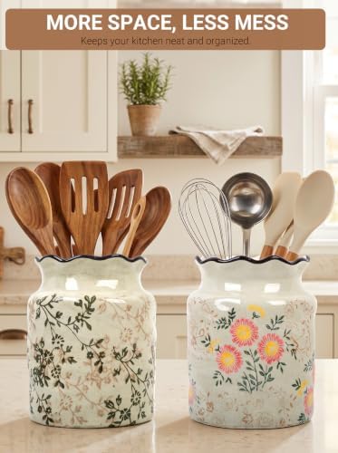 Ceramic Utensil Holder for Kitchen Counter, Vintage Floral Farmhouse Décor