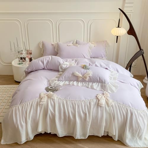 SOUKECHY Chic Lace Bedding,Girls Twin Aesthetic Comforter Cover Set,Romantic French Princess Style Ruffled Duvet Cover with Lovely Bow with Zipper Closure-Purple,Twin