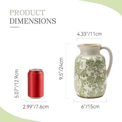 Ceramic Vintage Vase Flower Decorative Vase Chinoiserie Decor Rustic Farmhouse Retro Floral Vases for Table Bookshelf Mantel Kitchen Living Room Office - 9.5" Green