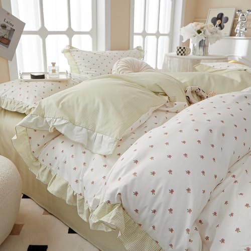 Floral 100% Cotton Duvet Cover Set Full Size Garden Style Bedding Set Ruffle for Teen Girls,Soft Comfy Quilt Covers,3 Pieces(1 Duvet Cover with 2 Pillowcases),Zipper & Corner Ties