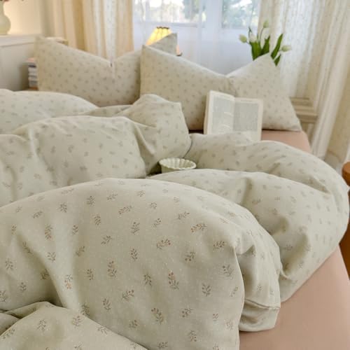 LifeTB Green Floral Duvet Cover Set Twin XL, Soft Cotton Gauze Duvet Cover with 2 Pillowcases, Vintage Botanical Floral Muslin Bedding Set, Aesthetic Flower Cottagecore Comforter Cover Twin XL