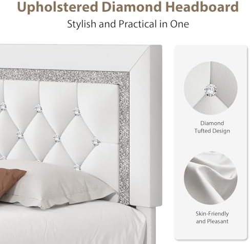 BarnFurin Queen Bed Frame with Diamond Tufted Headboard,White