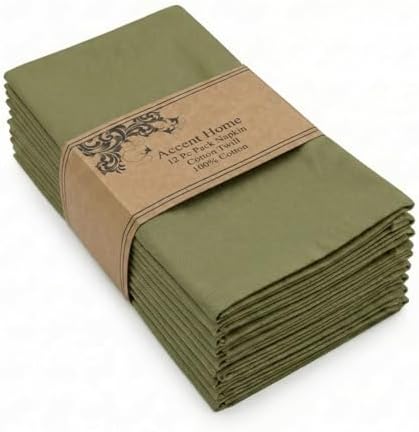 ACCENTHOME Accent Home 100% Cotton Napkins, Delicate Cloth Napkins for Dinners, Parties and Weddings，18 x 18 Inch Set of 12 - Olive Green