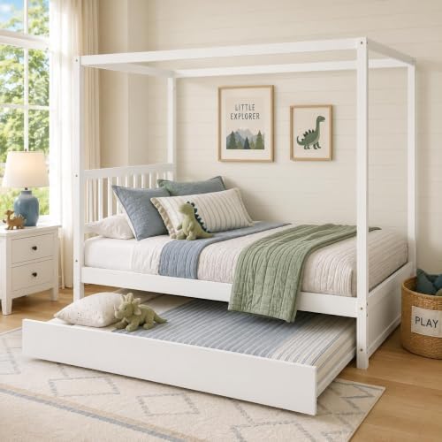 Full Size Canopy Bed with Trundle, Solid Wood Daybed Frame for Kids and Teens, Heavy-Duty 600 lbs Support, Space-Saving Guest Bed for Bedroom or Apartment