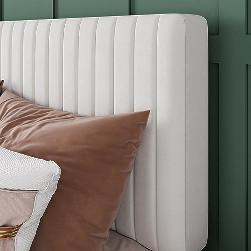 Allewie King Bed Frame, Velvet Upholstered Platform Bed with Adjustable Vertical Channel Tufted Headboard, Mattress Foundation with Strong Wooden Slats, Box Spring Optional, Easy Assembly, Off-White
