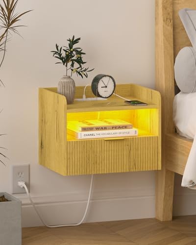 Veegle Floating Nightstand with Charging Station and LED Lights (Yellow Oak)