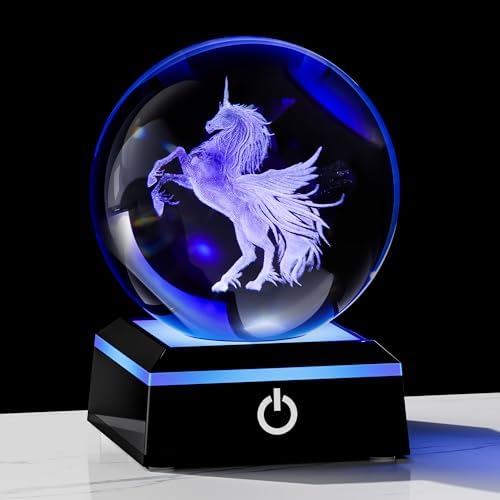 Unicorn Gifts For Women 3D Crystal Ball 3.14'' - 80mm Laser Unicorn Decor Glass Animals Figurine Statue Night Light For Room Decorations