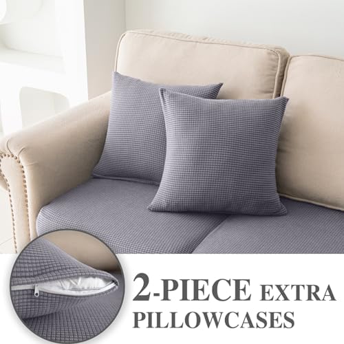 LA MEACK Couch Cushion Covers for Sectional Sofa L Shape Washable Separate Seat Chaise Couch Cover Stretch Sofa Slipcovers with 2 Pcs Pillowcases(2 Seater + 1 Chaise, Light Grey)