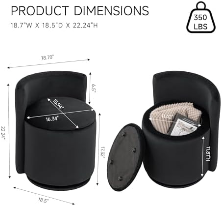 MINCETA Vanity Chair with Storage, 360° Swivel Accent Chair, Deep Black