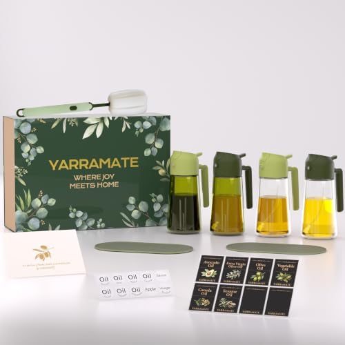 YARRAMATE Olive Oil Dispenser, 2 in 1 Oil Sprayer for Cooking, 17oz/500ml Glass Oil Spray Bottle with Pourer, Food-grade Oil Dispenser and Oil Sprayer for Kitchen, Salad, Frying (25_4pcs greenset)