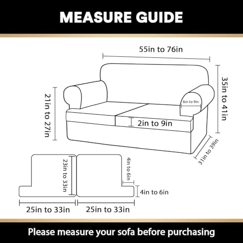 PrinceDeco T Cushion Loveseat Slipcover - 3 Pieces Sofa Cover for 2 Cushion Couch with 2 Individual T Shape Seat Covers Width Up to 76 Inch - Stretch, Machine Washable, Porcelain