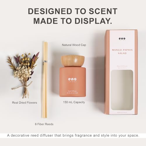 Reed Diffuser Set with Dried Flowers, 5.1 fl oz / 150ml, Mango Papaya Salad - Home Fragrance Diffuser with Sticks for Bathroom Shelf Decor, Bedroom, Office & Gift