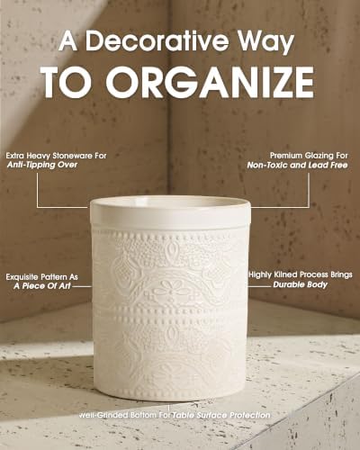 FUN ELEMENTS Kitchen Utensil Holder, 7.2" Super Large Utensil Crock Heavy and Stable Lace Emboss Ceramic Utensil Holder for Kitchen Counter (Lace Emboss)