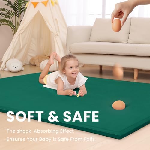 Huloo Sleep Ultra Soft Baby Play Mat for Floor,1.3" Thick Elasti-Foam 47x47 Play Mat for Playpen,Water-Repellent Coral Velvet for Tummy Time, Non-Slip Backing Safe for Toddlers & Infants(Dark Green)