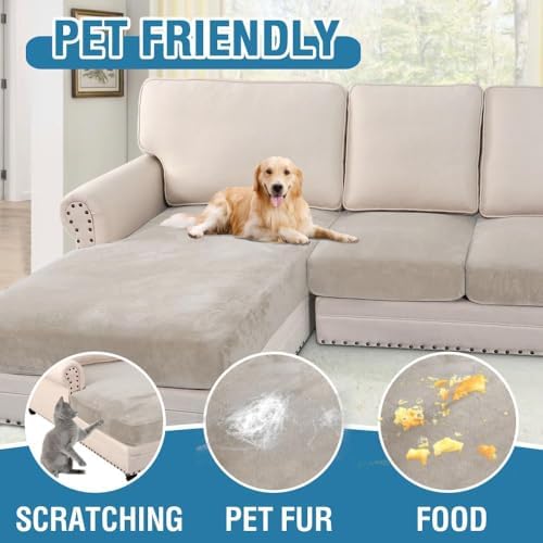 H.VERSAILTEX Velvet Stretch Sectional Couch Covers 4 Pieces Sofa Seat Cushion Covers L Shape Separate Cushion Couch Chaise Cover for Both Left/Right Couch (Large Sofa 3 Seater + 1 Chaise, Oatmeal)