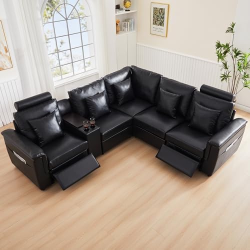 LEVNARY Modular Lift-Top Console with USB Charging and Cup Holders, Center Storage Module for Modular Reclining Sofa (Black)