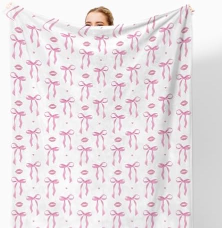 Coquette Pink Bow Throw Blanket for Couch, Preppy Room Dorm Decor, Aesthetic Pink Ribbon Bow Lips Throw Blanket for Girls Bedroom Living Room Home Decoration, 50x60 Inches