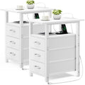 Vagusicc Set of 2 White Night Stand with Charging Station, Narrow Nightstand with U-S-B Ports and Outlets, Small Night Stand 3 Fabric Storage Drawers, Small Bedside Table