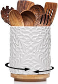 25DOL 360° Rotating Utensil Holder, 8.3-Inch Ceramic Crock with Bamboo Base