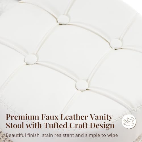 LUE BONA Adjustable Vanity Stool, 360 Swivel Chair for Makeup Room, White Faux Leather Stool for Bathroom & Living Room