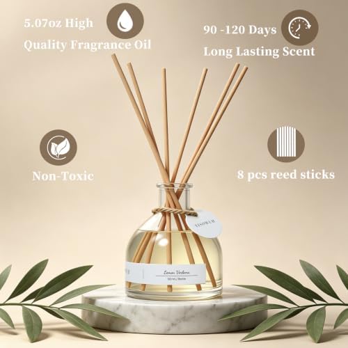Reed Diffuser for Home Bathroom, 150ml Lemon Verbena Scented Diffuser with Sticks, Long Lasting Natural Fragrance Air Freshener for Bedroom Office Home Decor