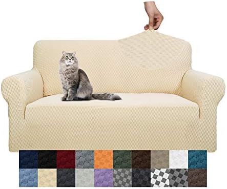 YEMYHOM Couch Cover Latest Jacquard Design High Stretch Sofa Covers for 2 Cushion Couch, Pet Dog Cat Proof Loveseat Slipcover Non Slip Magic Elastic Furniture Protector (Medium, Beige)