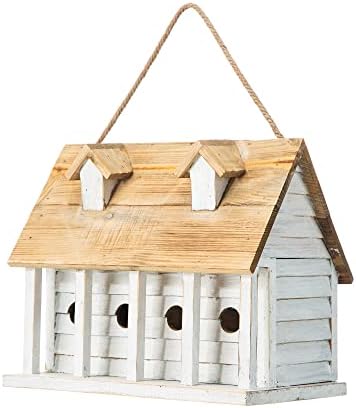 Glitzhome 14.25”L Wood Hanging Birdhouse for Outdoors Oversized Distressed Cottage Painted Bird House Rustic Bird House for Bluebird Wren Chickadee Sparrow Bird Nest Box for Garden Patio, Washed White