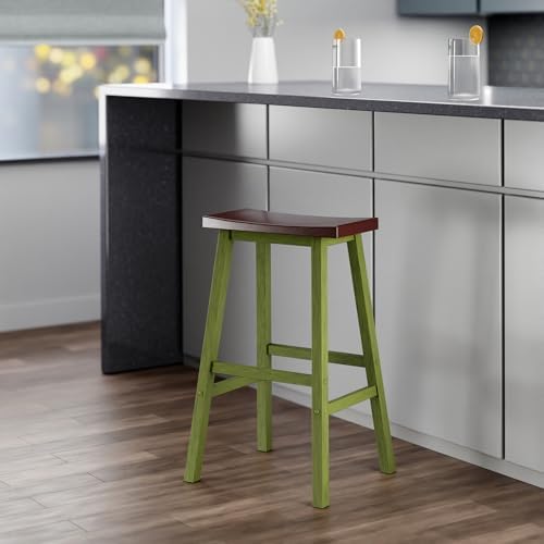 Winsome Satori Saddle Seat 29" Bar Stool, Rustic Green and Walnut