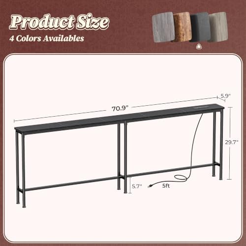 Huuger 70.8 Inch Console Table, Skinny Sofa Table with Charging Station