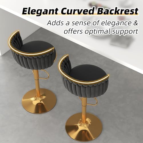 Gold Bar Stools Set of 4, Modern Adjustable Bar Height Barstools, Velvet Swivel Bar Chairs with Woven Backrest, Metal Footrest & Base, Upholstered Counter Stools for Kitchen Island, Black