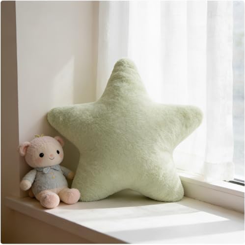 Star Shaped Throw Pillows Set of 2,Cute Plush Decorative Pillows with Fluffy Faux Rabbit Fur, Soft Star Cushion for Sofa Couch Bed Living Room Bedroom Home Decor (Green, 15.7")