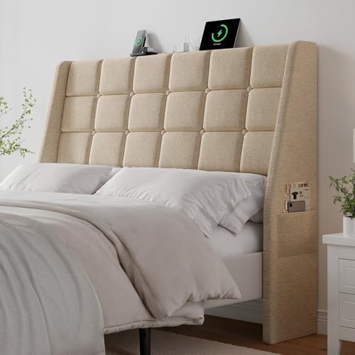 ONBRILL Ergonomic Headboard Full Size with Charging Station, Beige